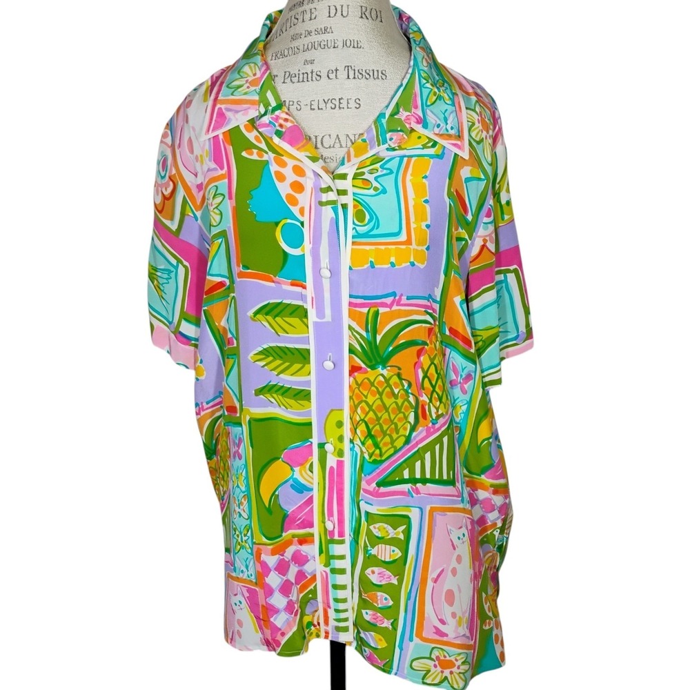 Bob Mackie Wearable Art Silk Tropical Novelty Print Top Women 1X Cat Pineapple